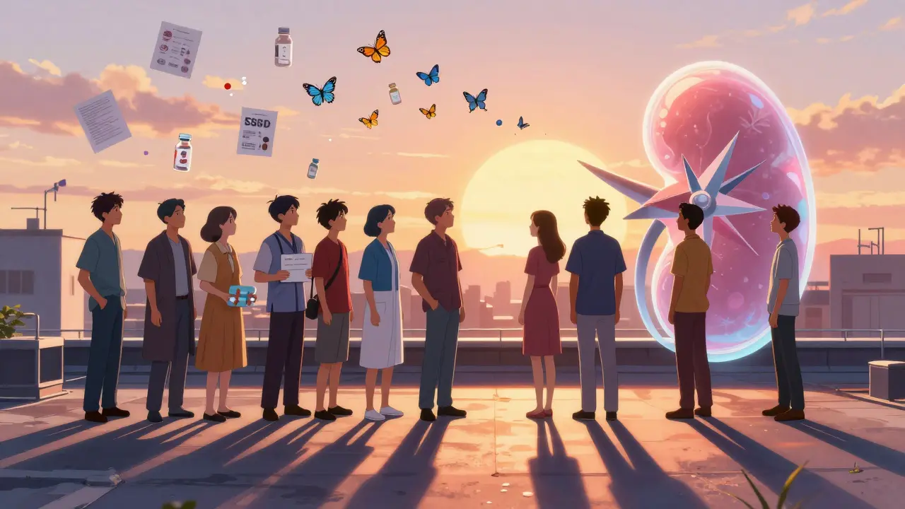 A group of ESRD patients on a rooftop at sunset, medical charts turning into butterflies under a glowing kidney compass.
