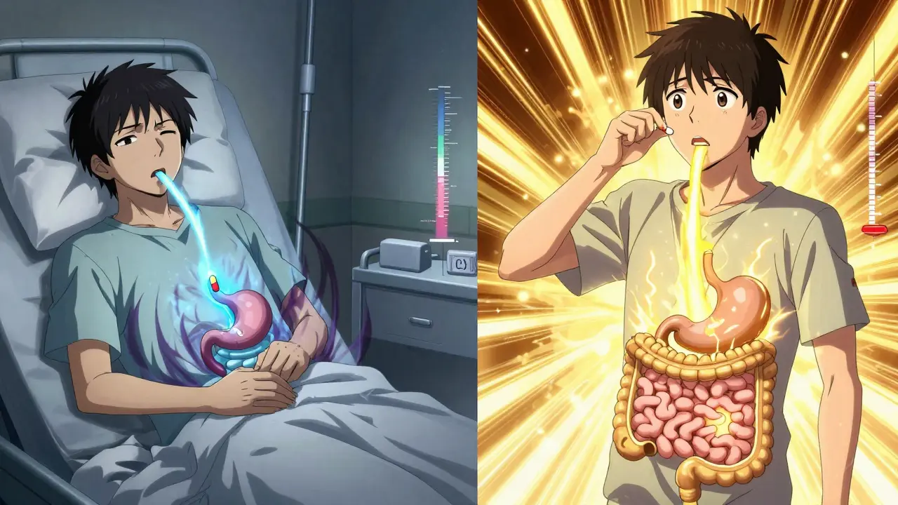 A hospital room split scene contrasting improper and proper timing of antiviral and H2 blocker doses.