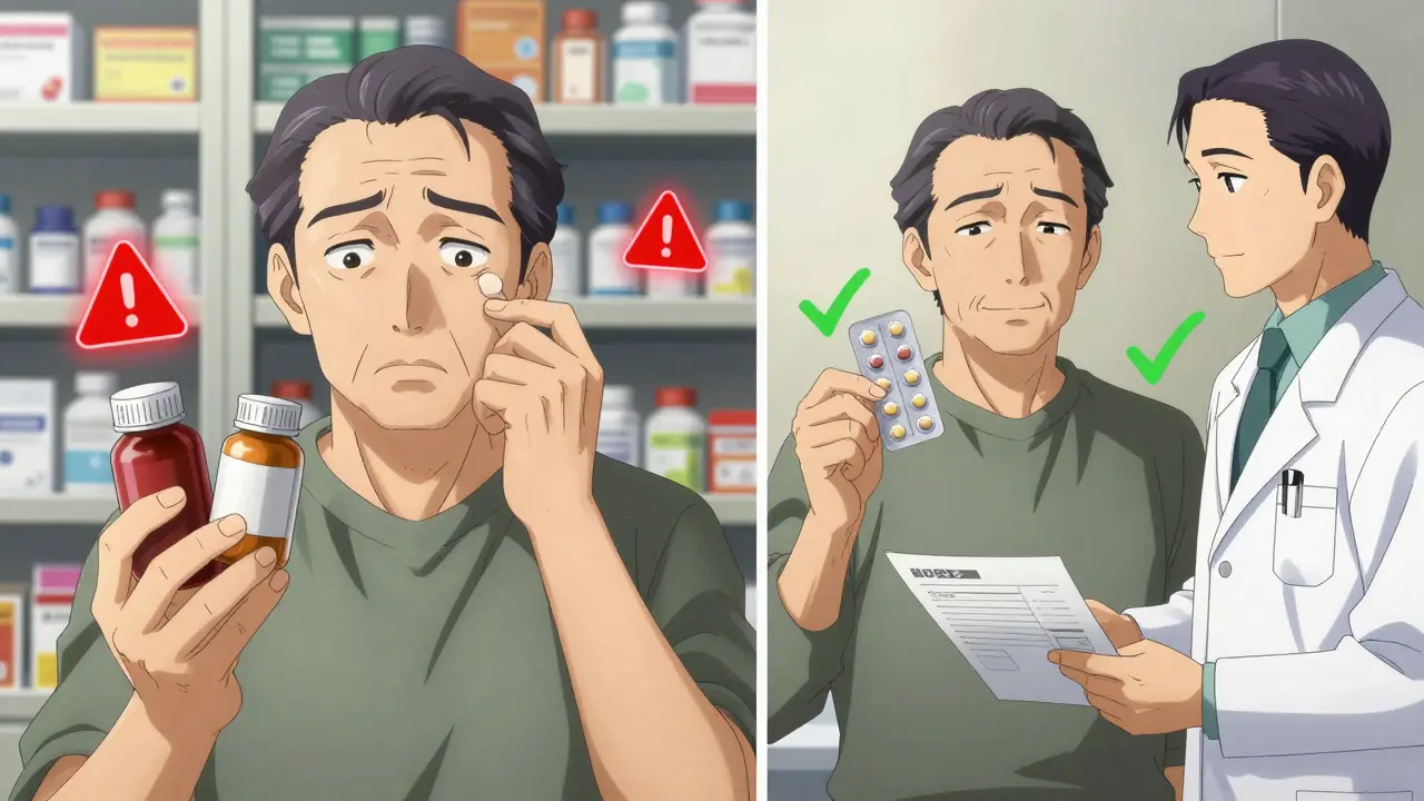 A man compares confusing medication bottles on one side, and a simplified pill plan on the other, with a pharmacist guiding him.