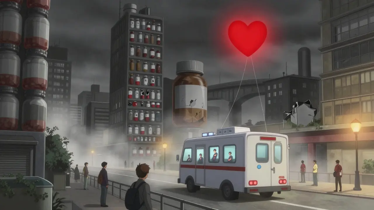 A mobile clinic travels through a foggy city where buildings are made of pill bottles, delivering care to those in need.