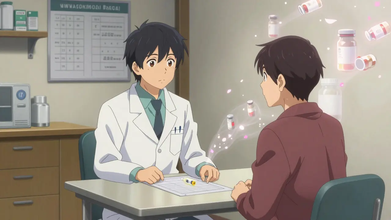 A pharmacist and patient sit together at a table, a long-acting injectable vial glowing softly between them.