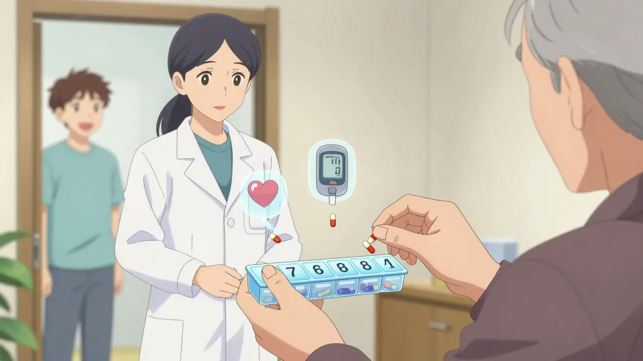 A pharmacist helping an older man fill a pill organizer, with symbolic icons transforming into a single combined pill.