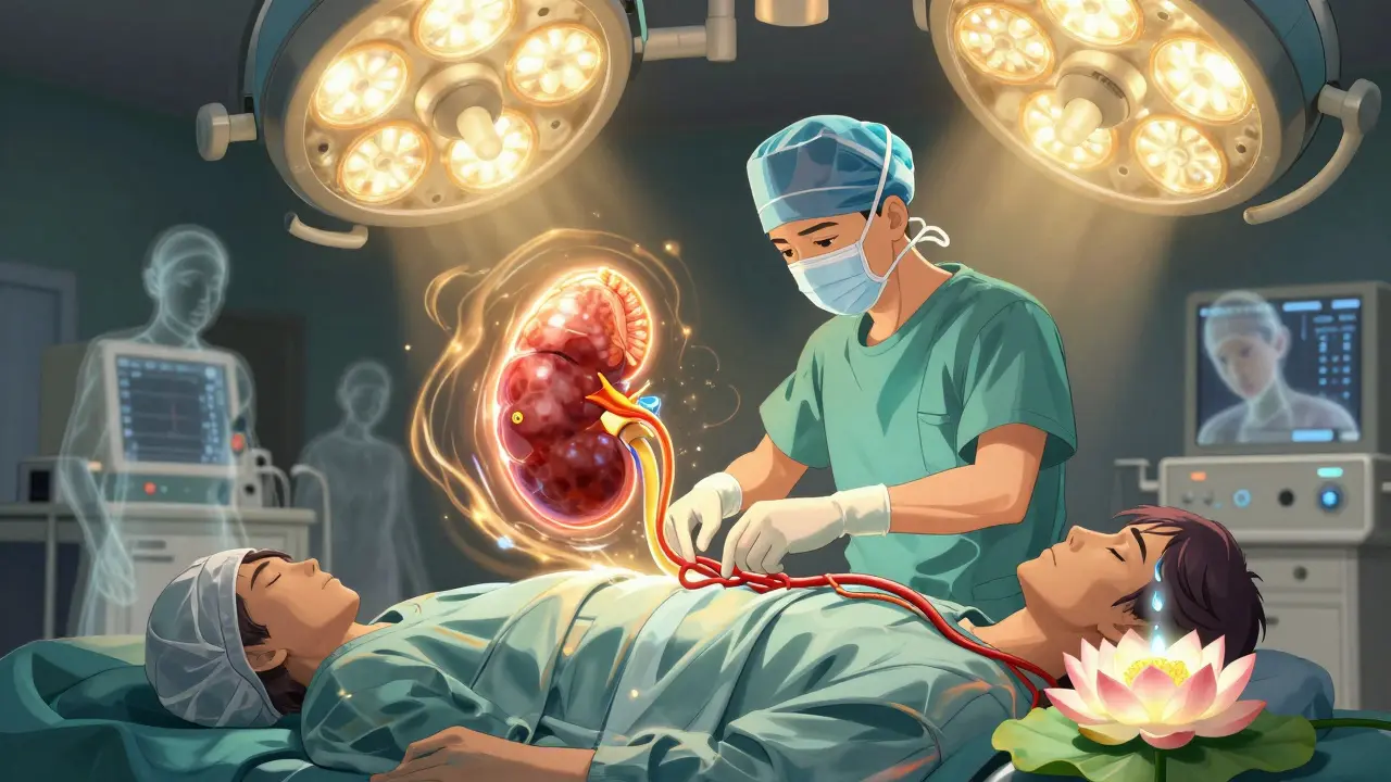 A transplant surgery with a radiant kidney being connected as old dialysis machines fade into the background.