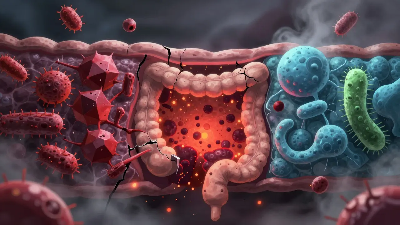 Abstract illustration of gut barrier inflammation with red particles leaking through a cracked wall.