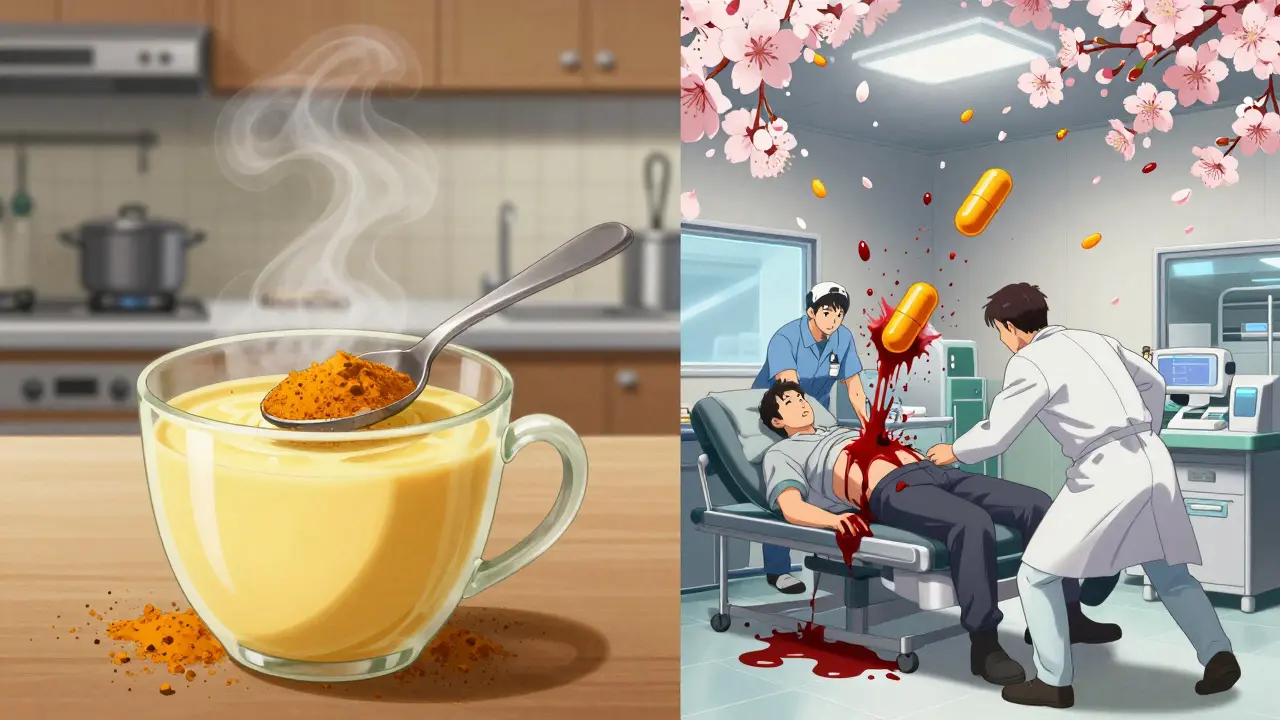 Contrast between safe culinary use of turmeric and emergency room bleeding crisis.