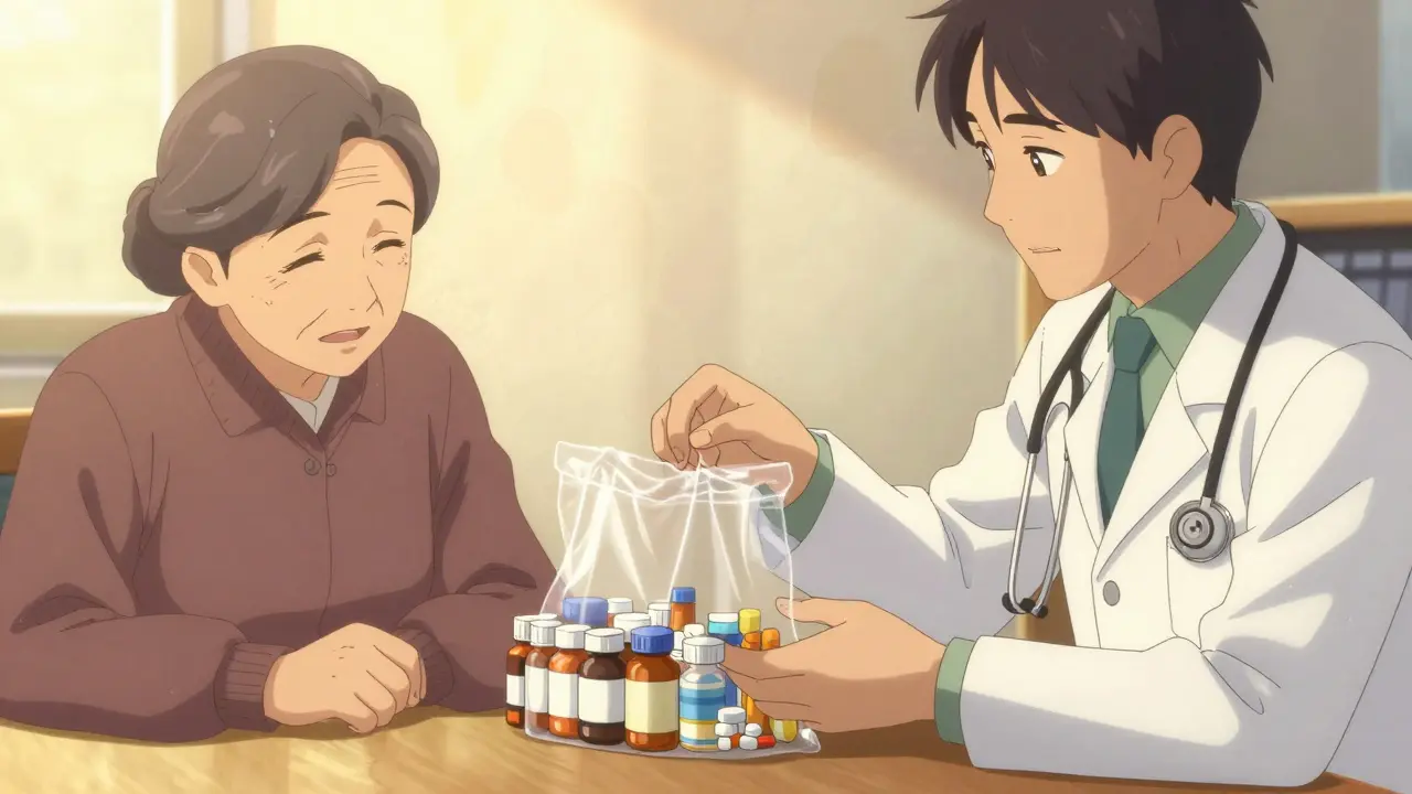 Doctor and senior organizing medication bottles on a table