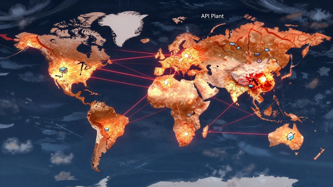 Fragile global drug supply chain web cracking under climate and geopolitical stress.