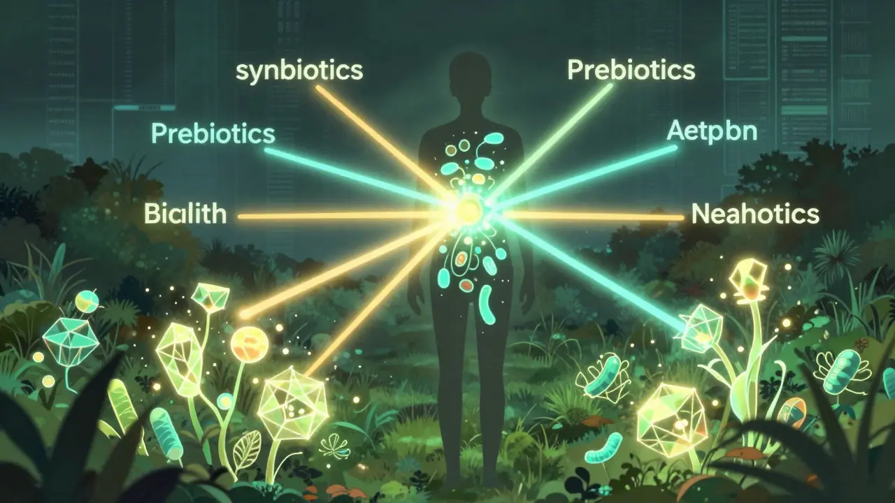 Futuristic scene of a person surrounded by glowing plants representing synbiotics restoring health.