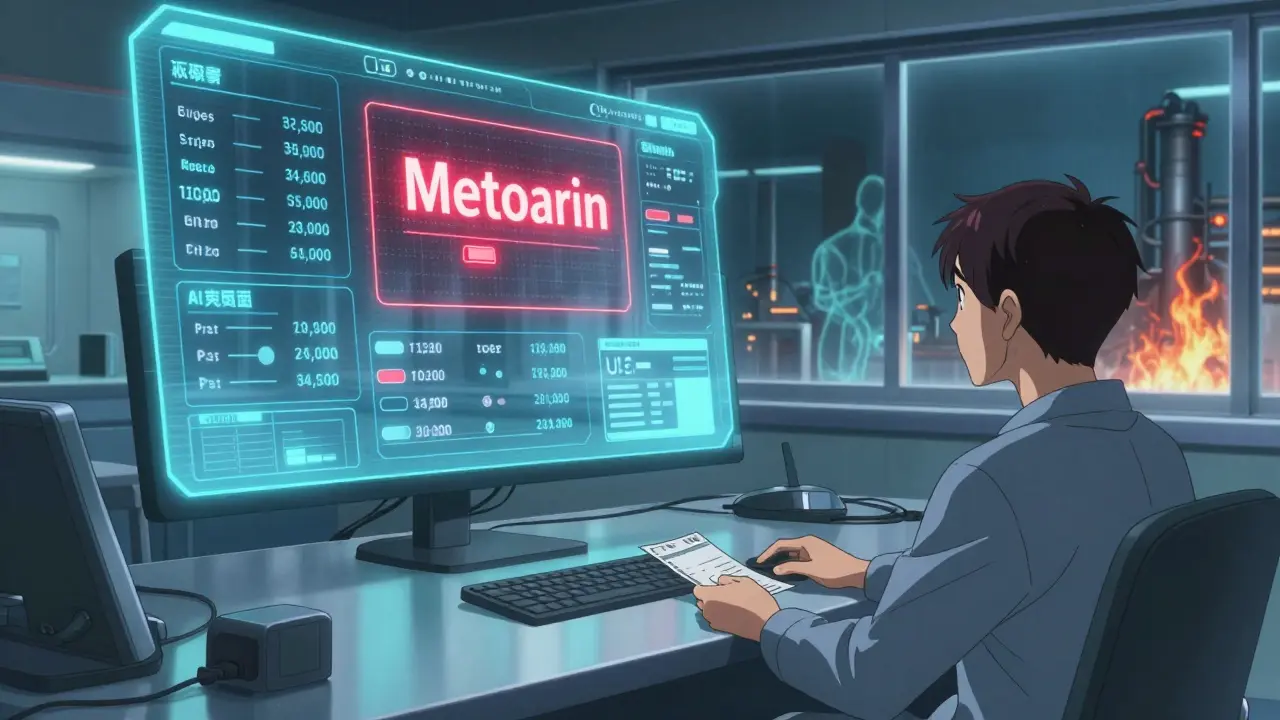 Hospital control room with holographic AI forecasts predicting drug shortages in real time.