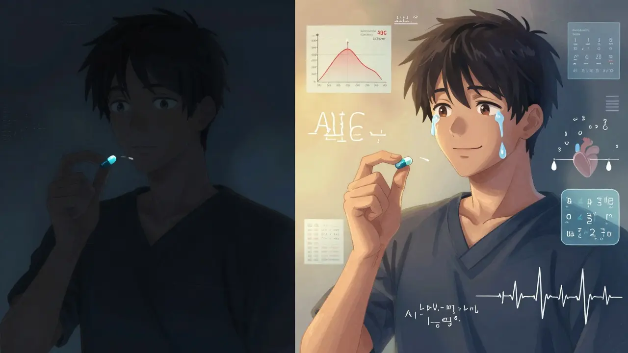 Patient's inner thoughts contrasting fear and acceptance of generic drugs with floating data visuals.