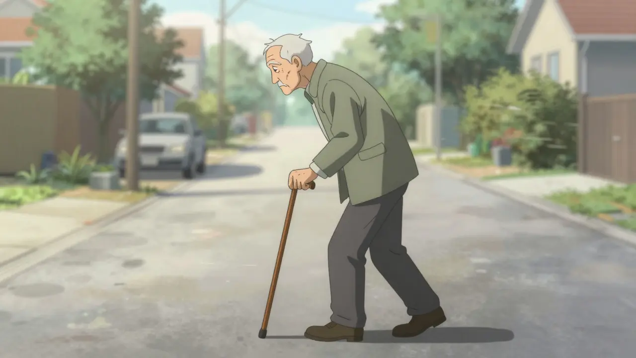 Senior man walking slowly with a cane in pale morning light
