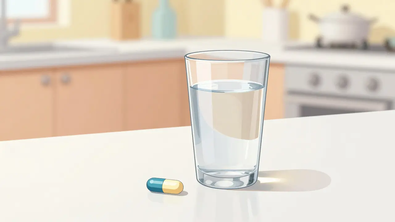 A glass of water and a medicine capsule on a bright, minimalist table