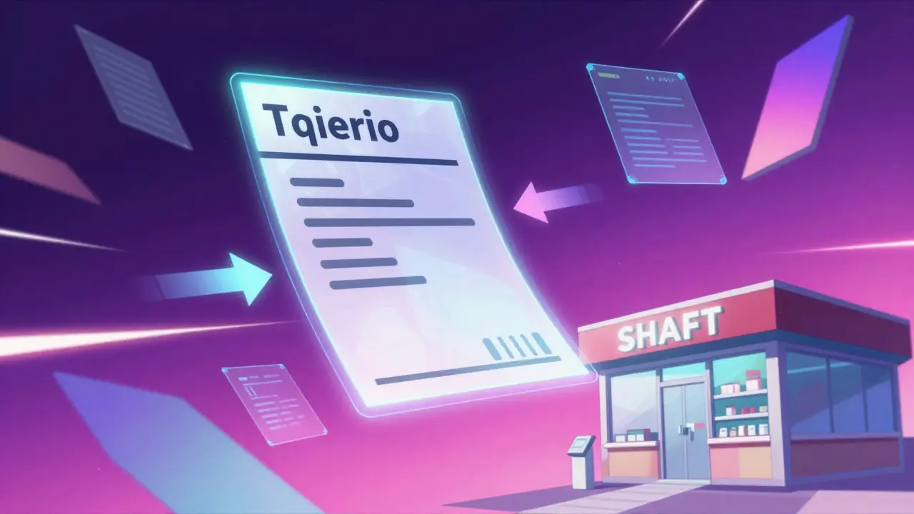 Abstract digital prescription floating between holographic interfaces and a pharmacy