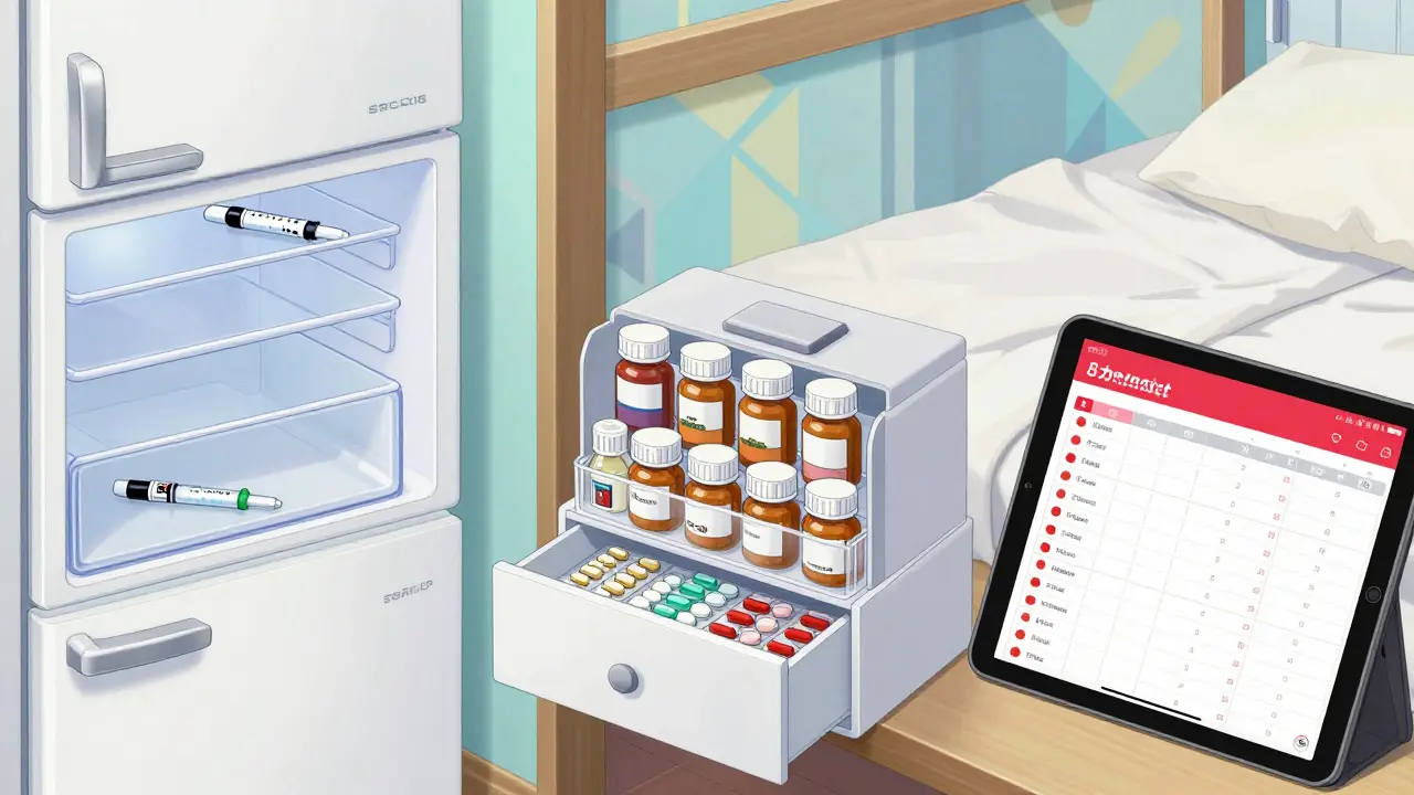 Anime depiction of organized medicine storage and a digital tracking log.