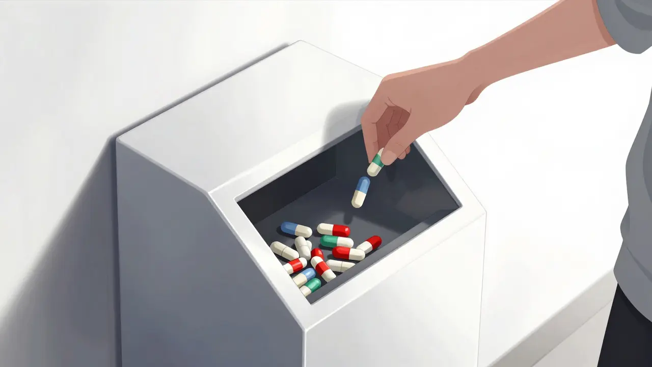 Anime scene of a person disposing of expired medicine in a secure drop-box.