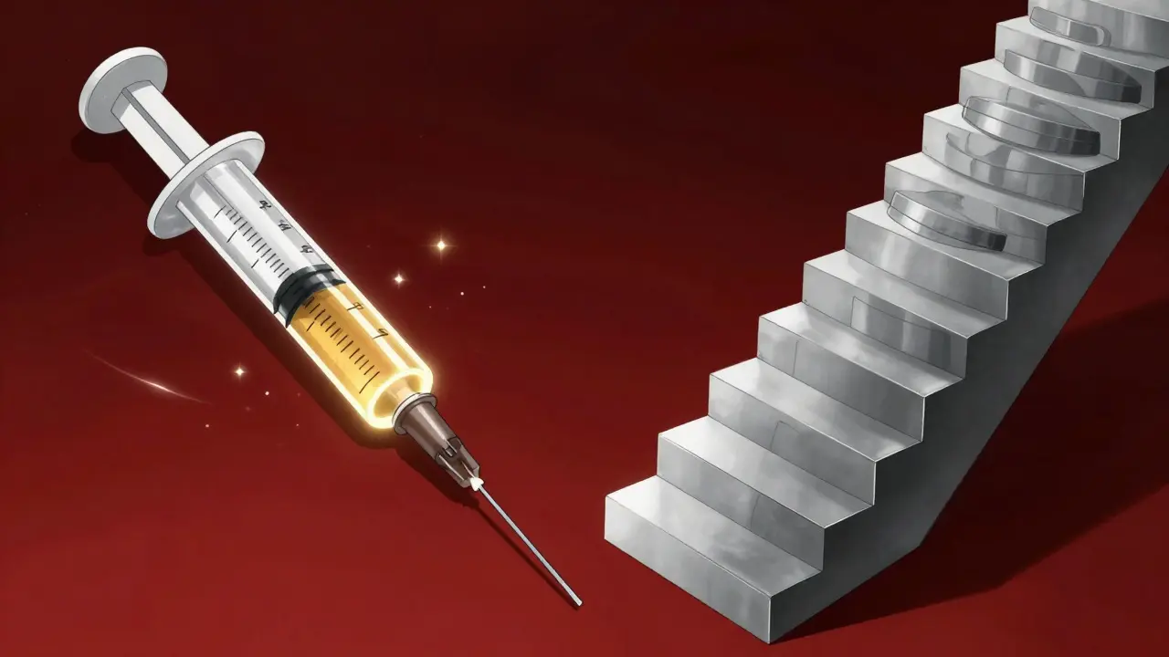Comparison between a medical injection and a weighted staircase representing long-term rehab