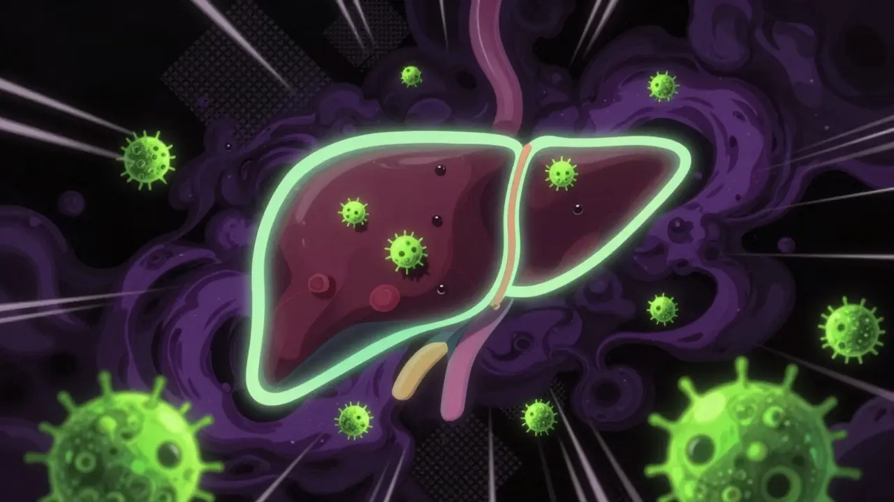 Glowing cells fighting dark toxic vapors internally