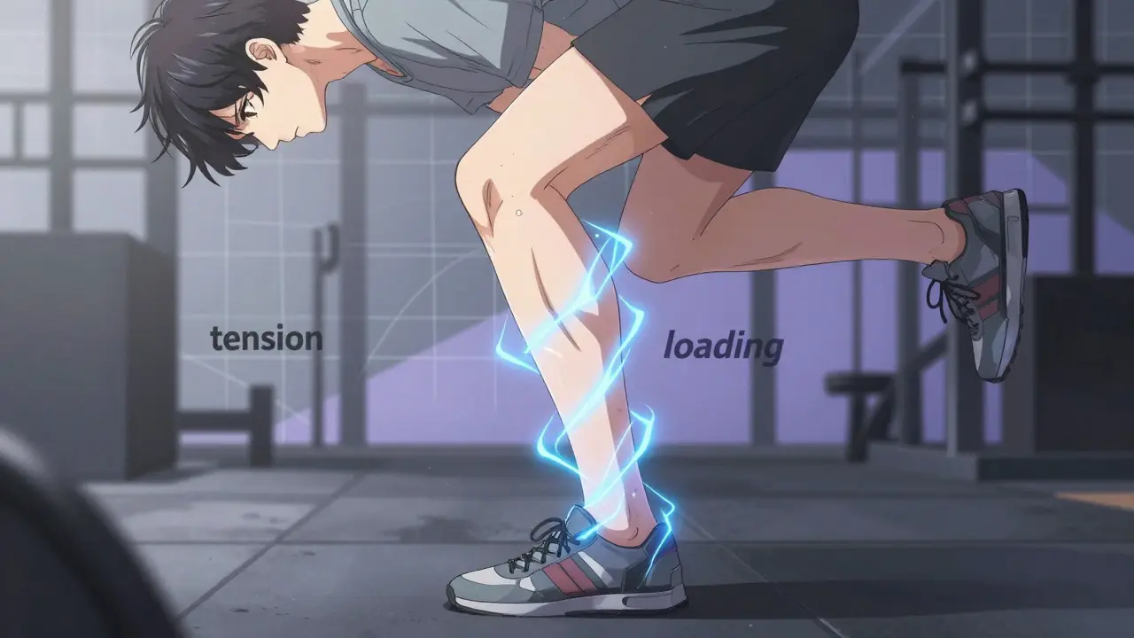 Person performing a controlled calf raise with blue energy lines highlighting tendon tension