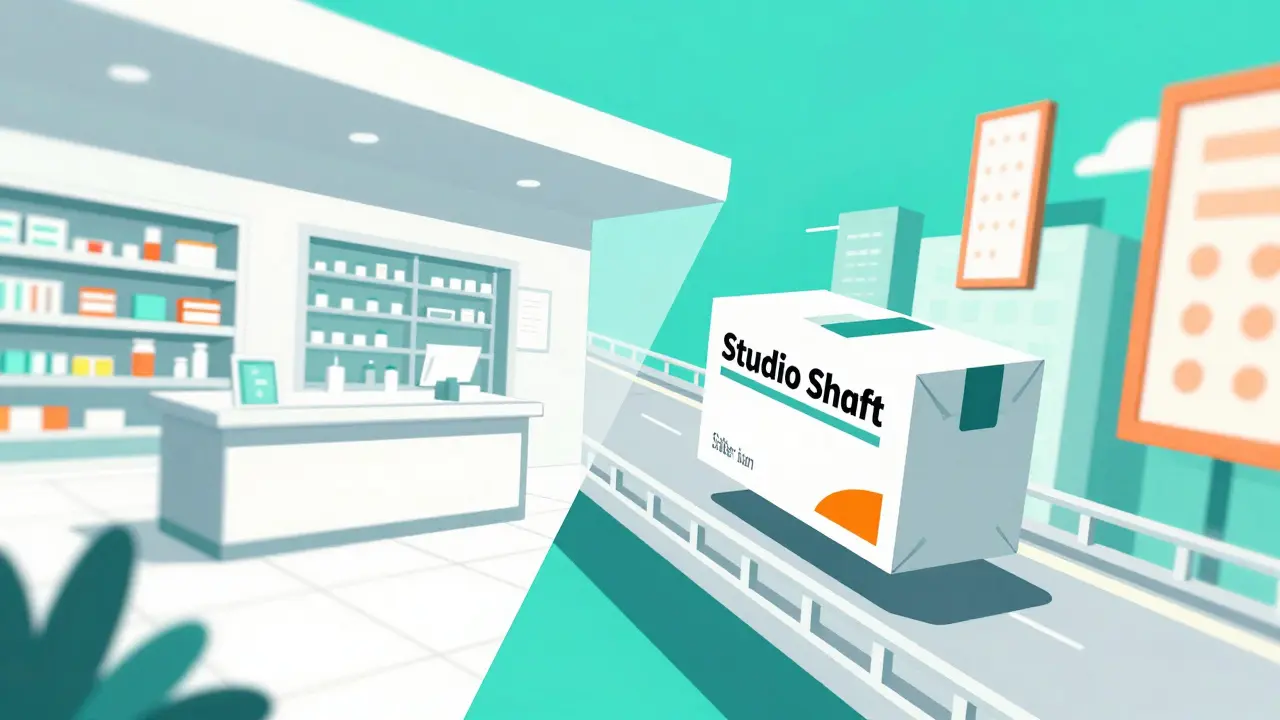 Stylized anime depiction of a medication package traveling from a pharmacy to a city.