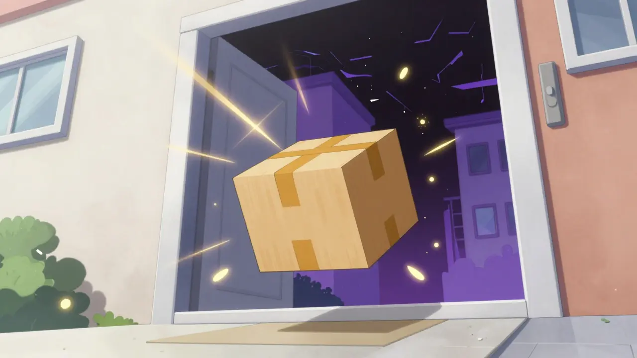 Stylized anime scene of a secure medication package delivered to a colorful, modern doorstep.