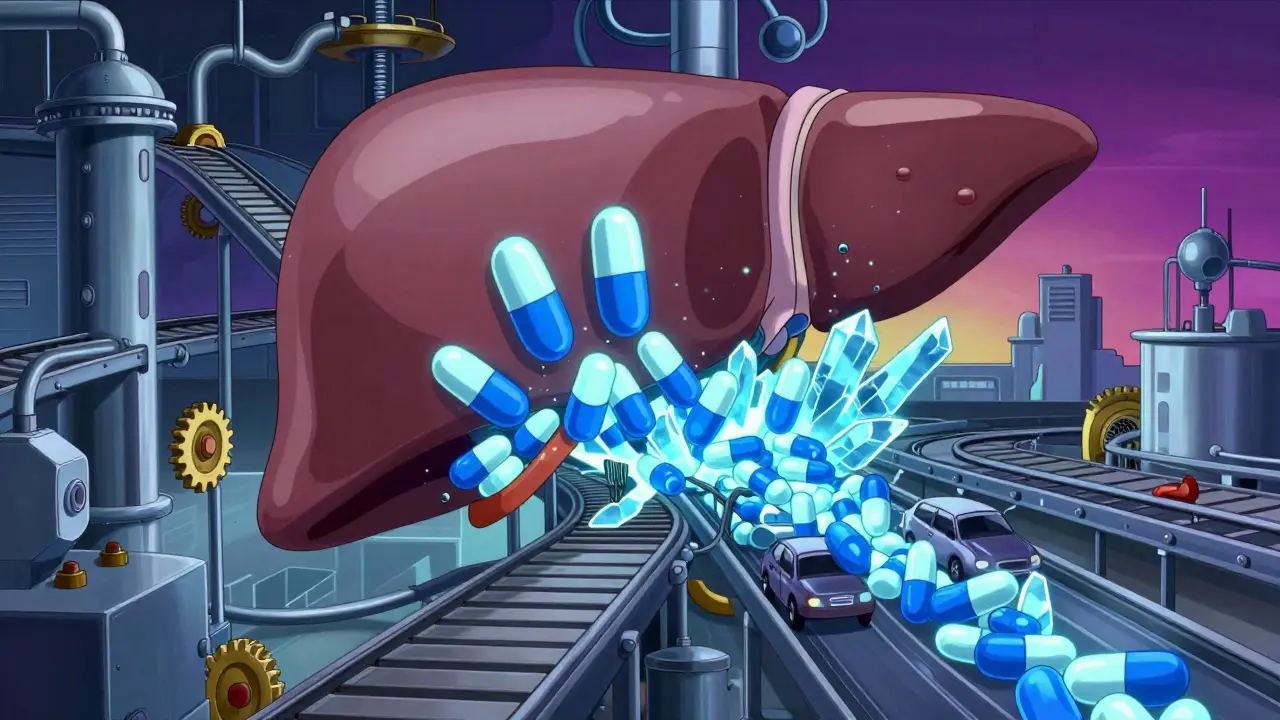 Surreal anime visualization of a liver processing plant with a molecule traffic jam.